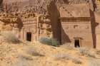 Saudi Arabia, Medina, Al-Ula, Hegra. Nabatean rock cut ruins at the Hegra Archaeological Area. Art Print